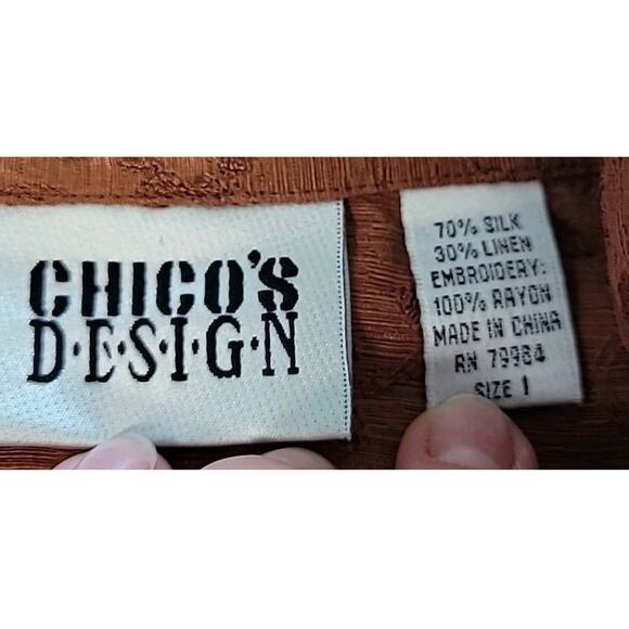 Chico’s Burnt Orange Embroidered Shacket 3/4 Sleeve Sz 1 M EUC - Picture 5 of 7